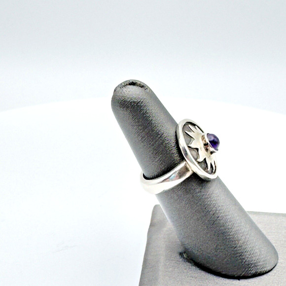 Vintage Sterling Silver 925 Amethyst Ring Sun Celestial Signed LM Boho Size 6.75 - Picture 3 of 8
